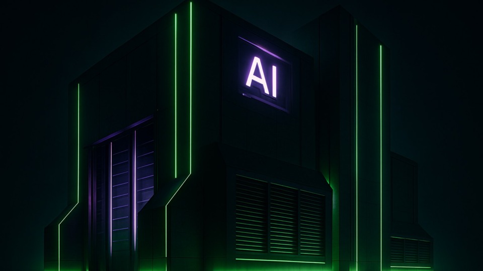 Futurystyczna wizualizacja centrum danych z neonowymi akcentami w ciemnej scenerii.