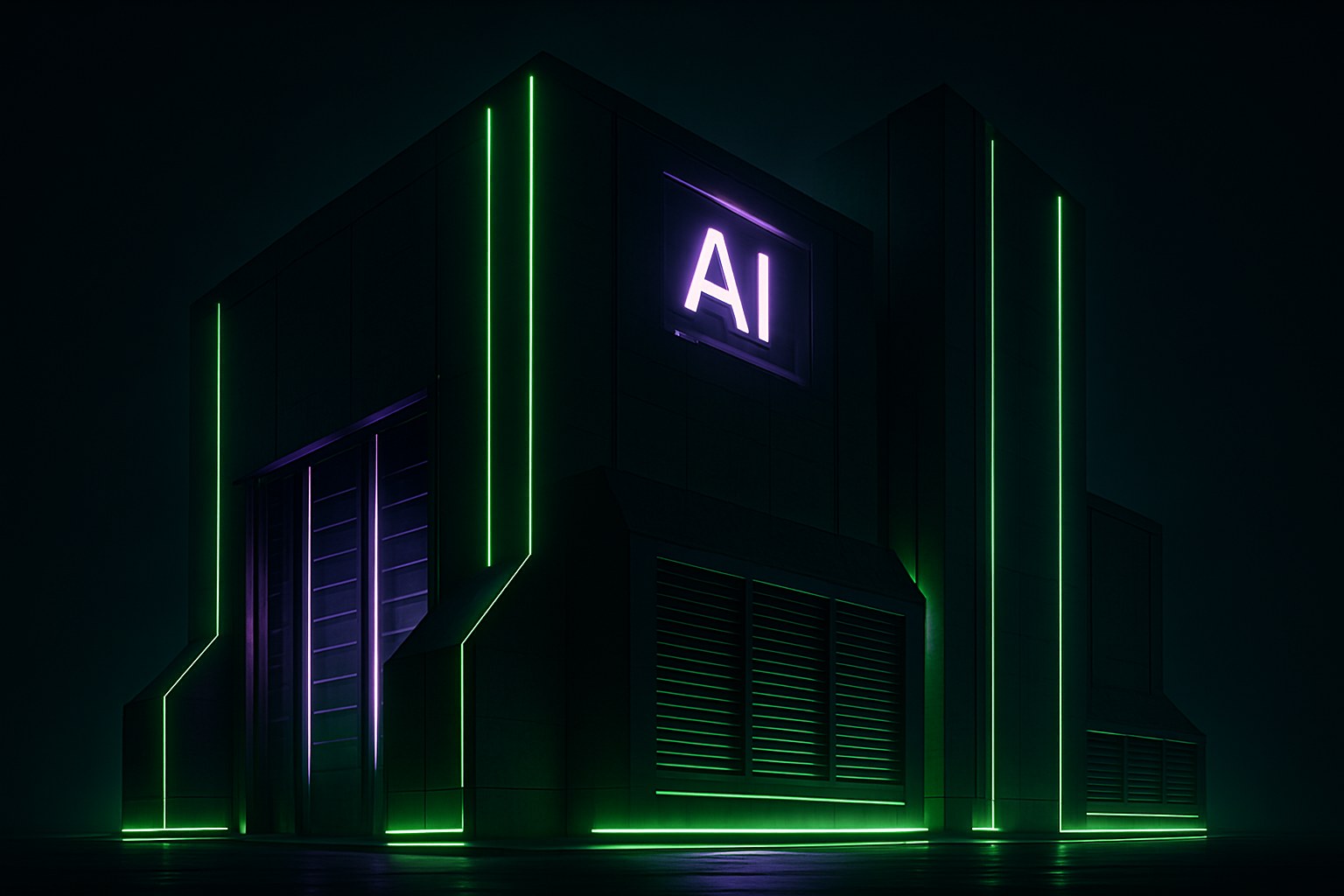 Futurystyczna wizualizacja centrum danych z neonowymi akcentami w ciemnej scenerii.