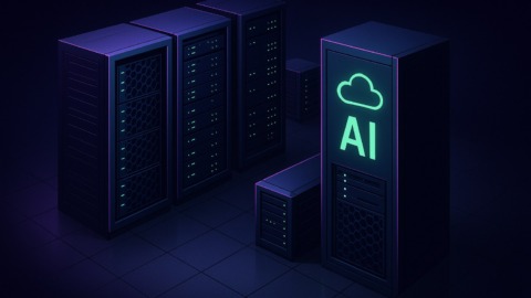 Ilustracja serwerowni z nowoczesną infrastrukturą AI w stylu 2.5D.