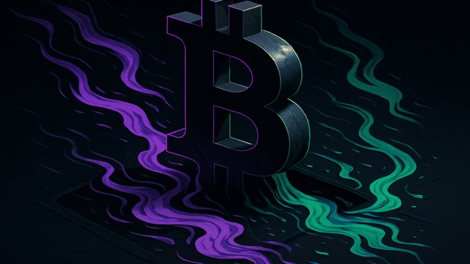 Ilustracja przedstawiająca odpływ 649 mln dolarów z ETF-ów na bitcoina w ciemnej, neonowej estetyce.