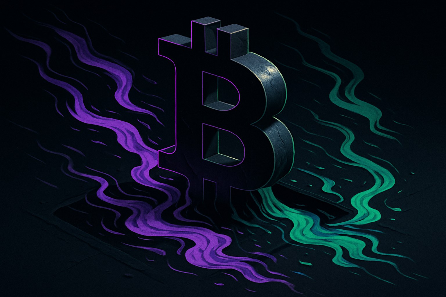 Ilustracja przedstawiająca odpływ 649 mln dolarów z ETF-ów na bitcoina w ciemnej, neonowej estetyce.