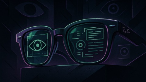 Ilustracja przedstawiająca futurystyczne okulary Ray-Ban w mrocznym otoczeniu.