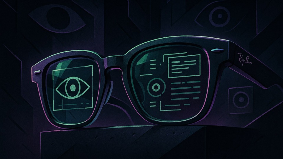 Ilustracja przedstawiająca futurystyczne okulary Ray-Ban w mrocznym otoczeniu.