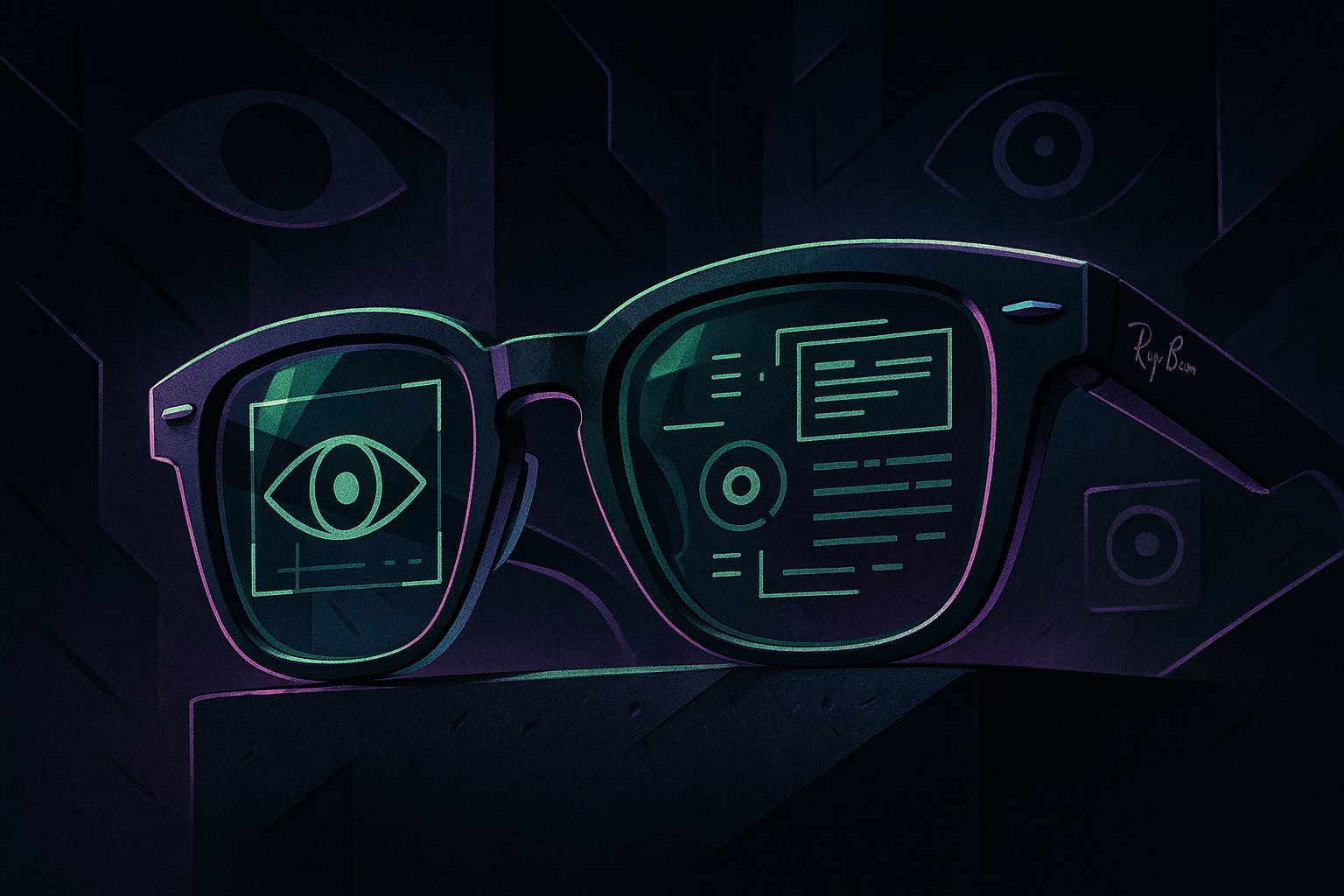 Ilustracja przedstawiająca futurystyczne okulary Ray-Ban w mrocznym otoczeniu.
