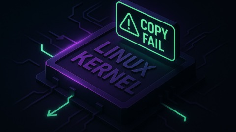 Ilustracja przedstawiająca lukę w jądrze Linuksa na ciemnym tle z neonowymi akcentami.