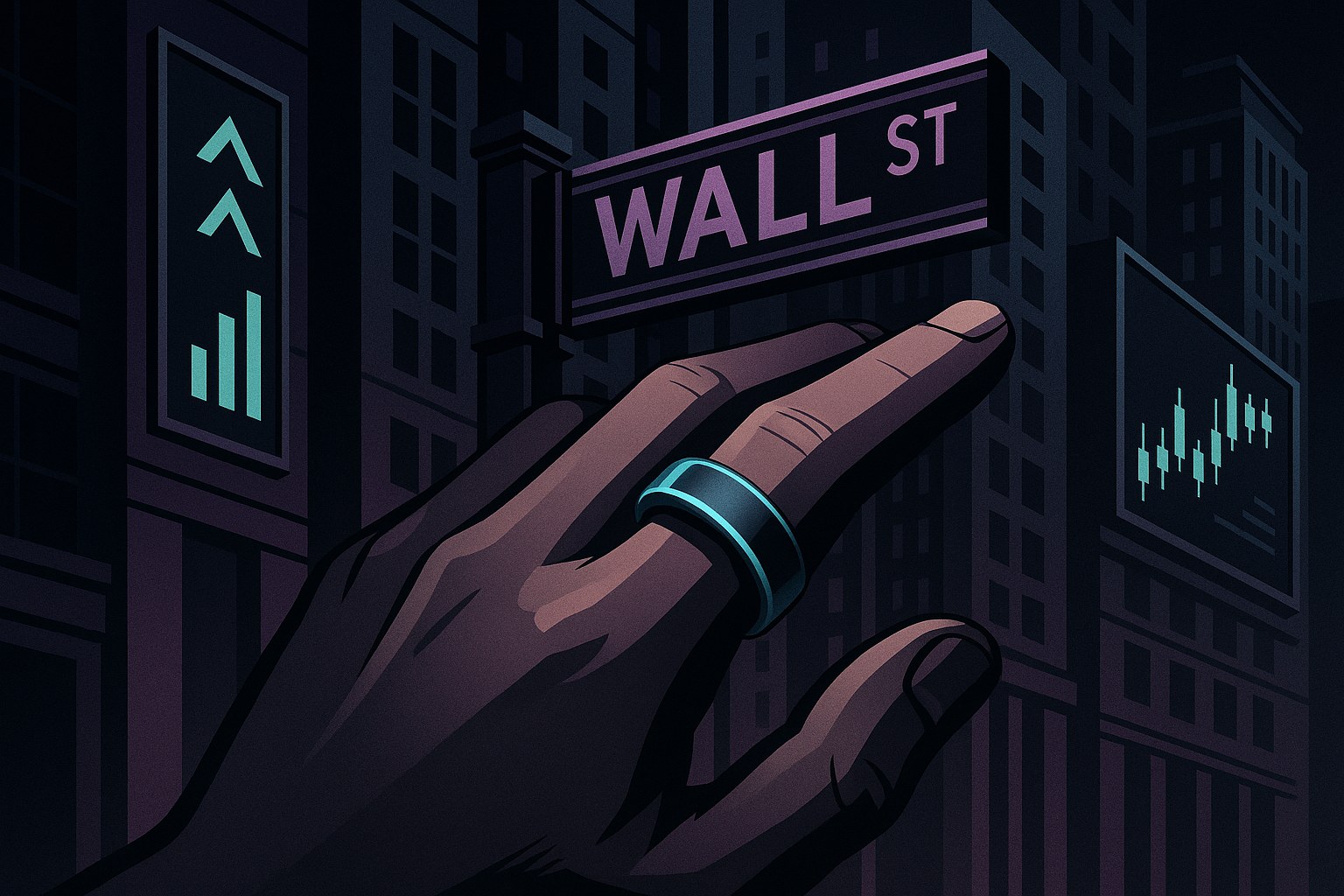 Futurystyczny pierścień na palcu w scenerii Wall Street.